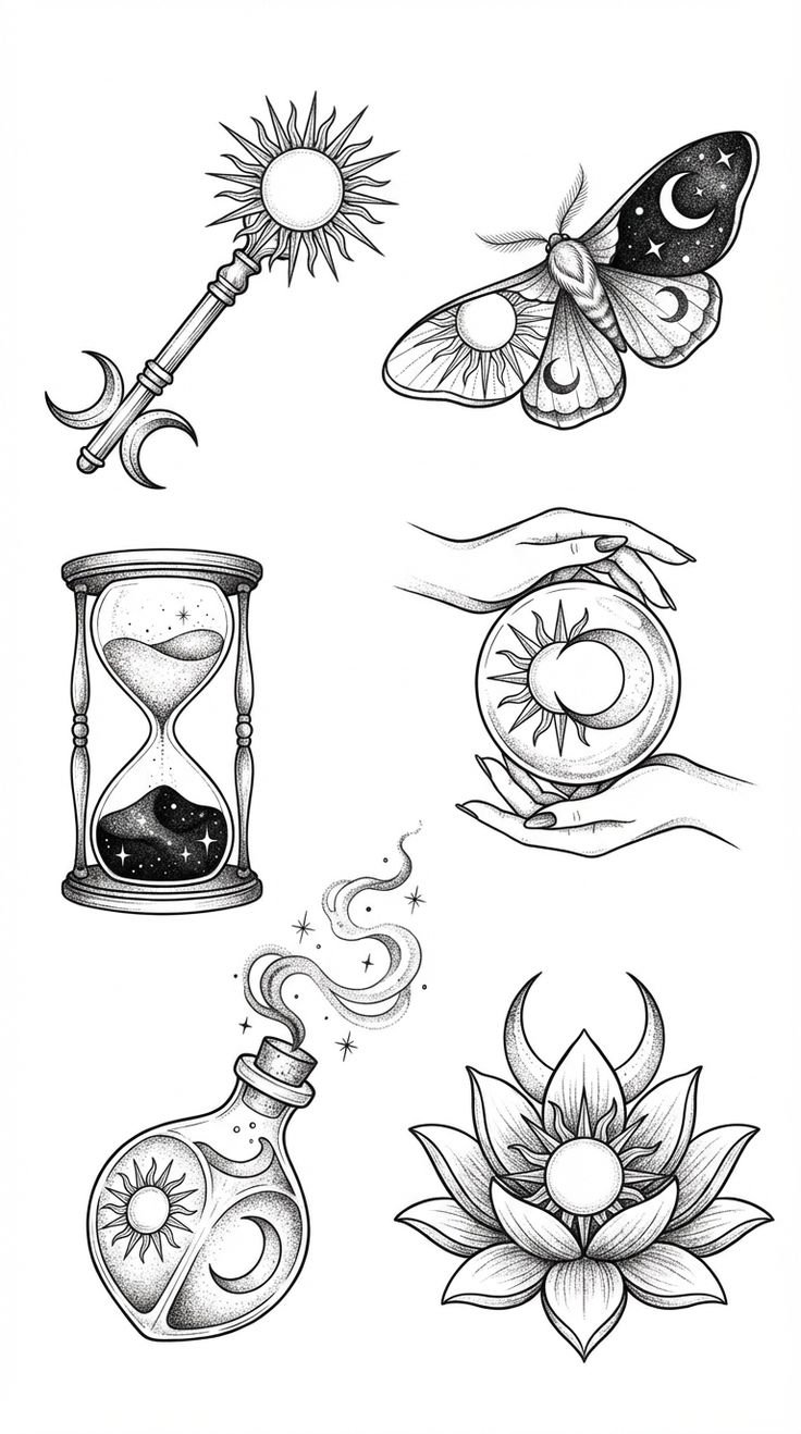 Halloween flash — moth, hourglass and potion